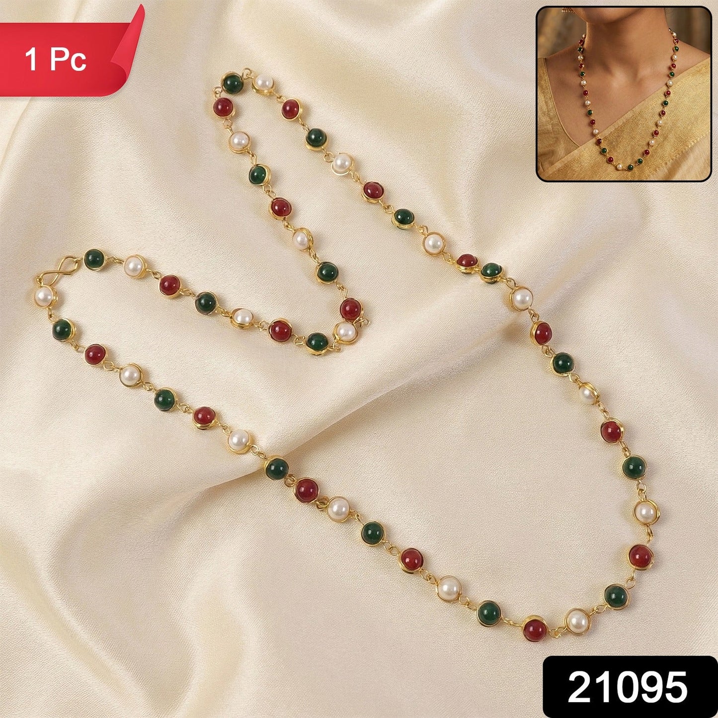 Close-up of red and green stone accent necklace beads in multicolor pearl necklace