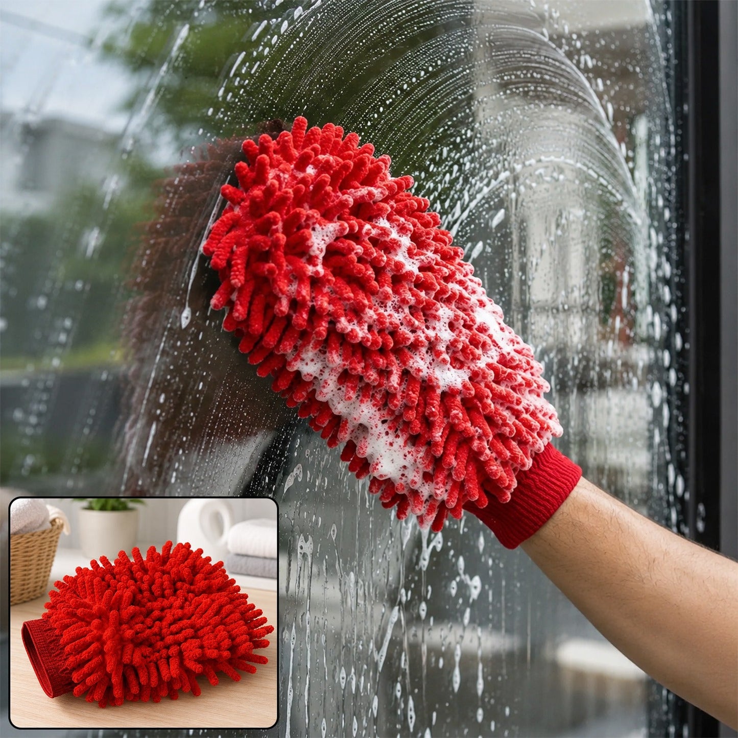 A hand wearing a red microfiber chenille wash glove cleans a window covered in white suds, with a smaller inset showing the