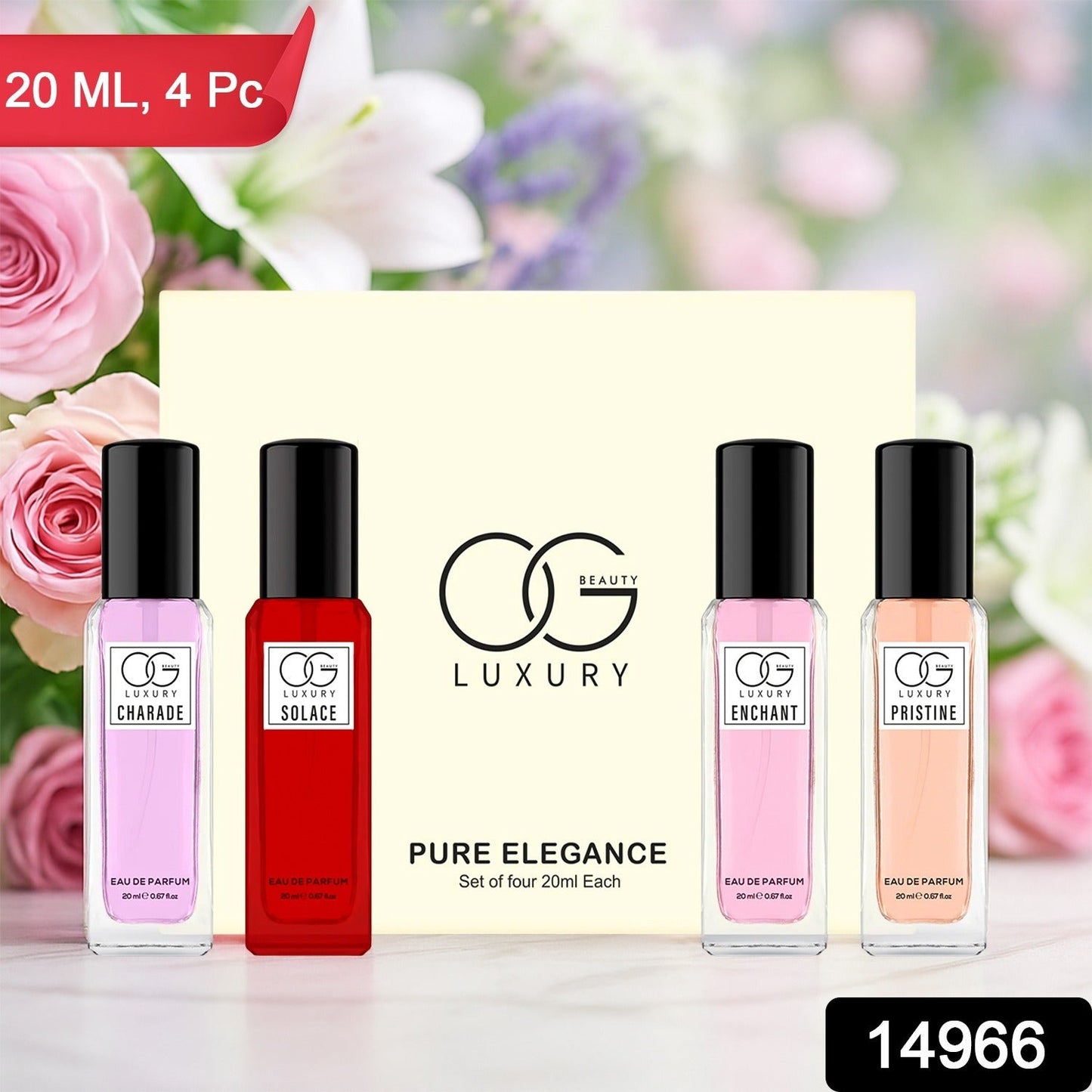 Close-up of Pure Elegance 20ml Eau De Parfum bottle from OG Beauty set