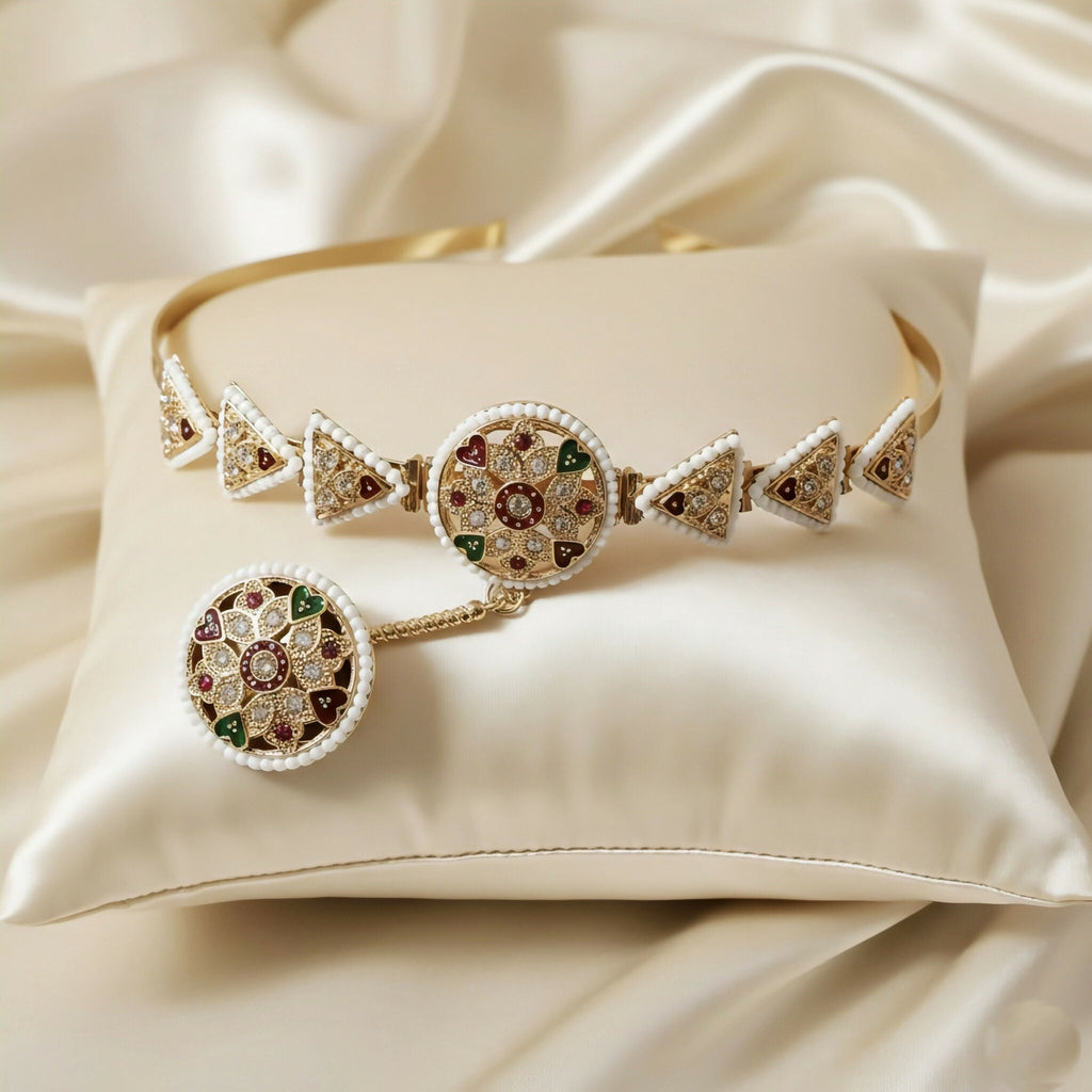 Gold-Plated Borla Sheeshphool with Matha Patti (hair band)