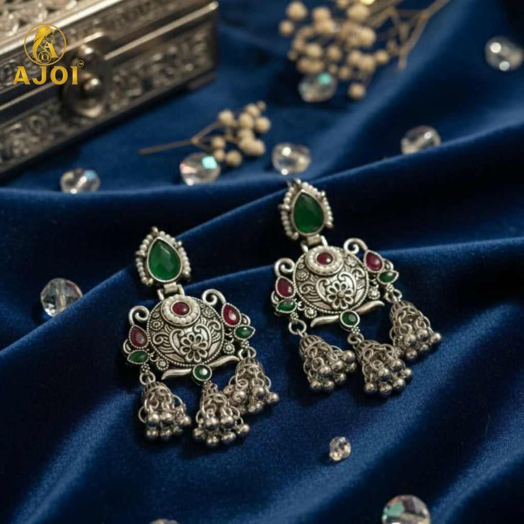 Premium Oxidised Silver Chandbali Jhumka Earrings with Green Stone