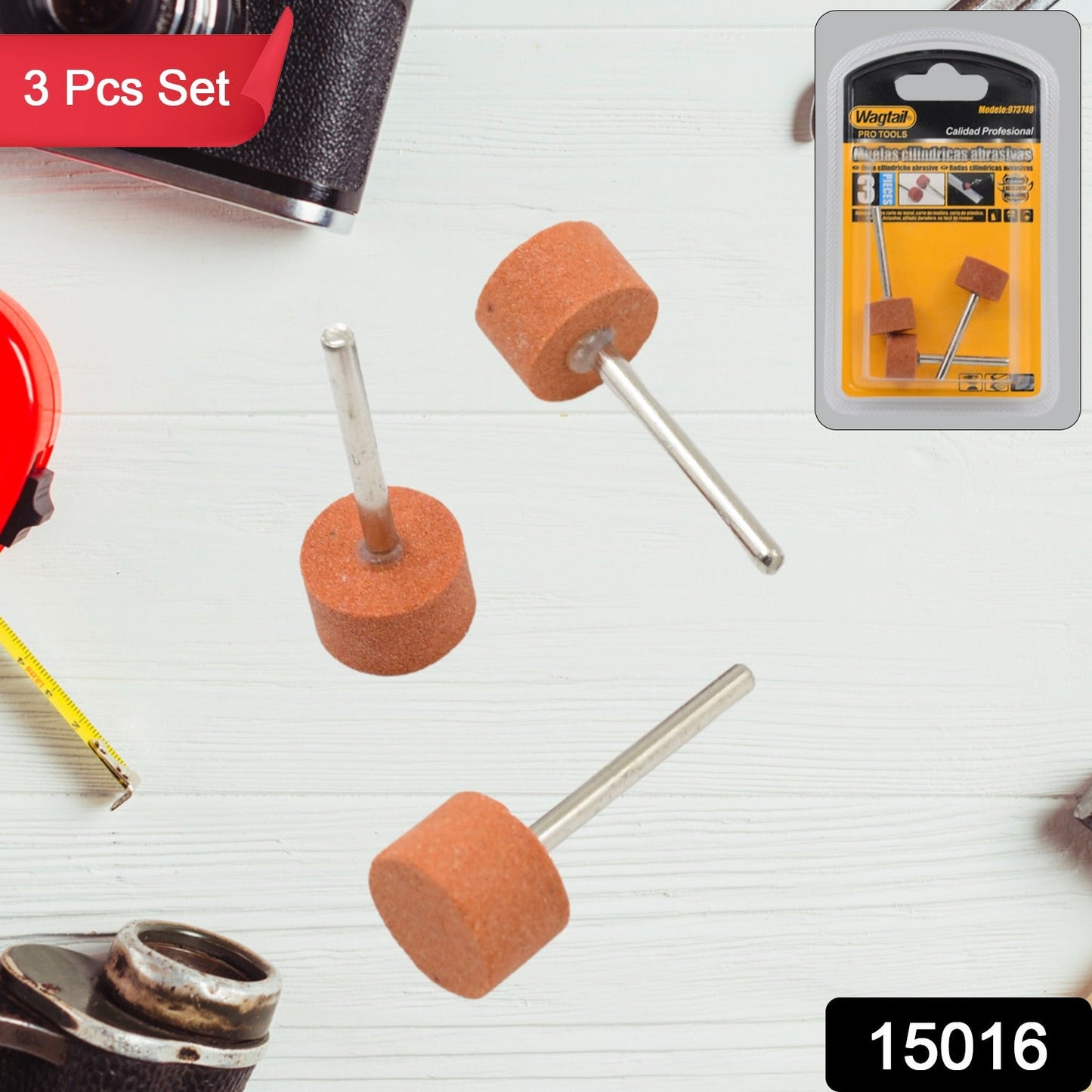 Three cylindrical abrasive grinding wheels on a white wooden surface with tools, with a '3 Pcs Set' label.