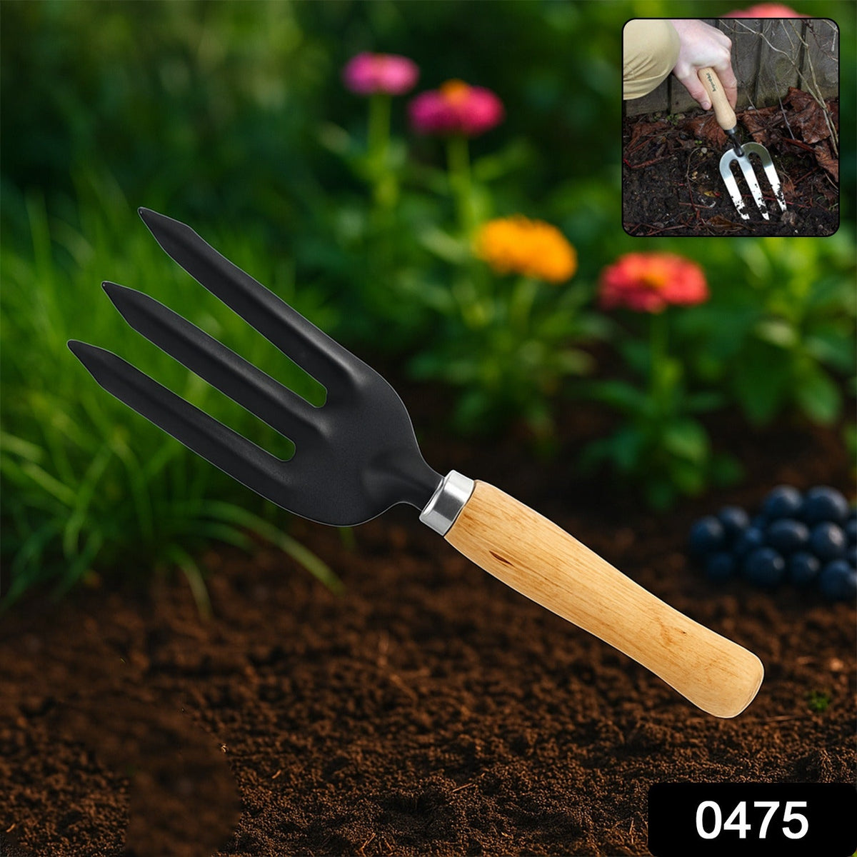 A black three-tine garden fork with a wooden handle rests on dark soil, with a small inset showing it in use.