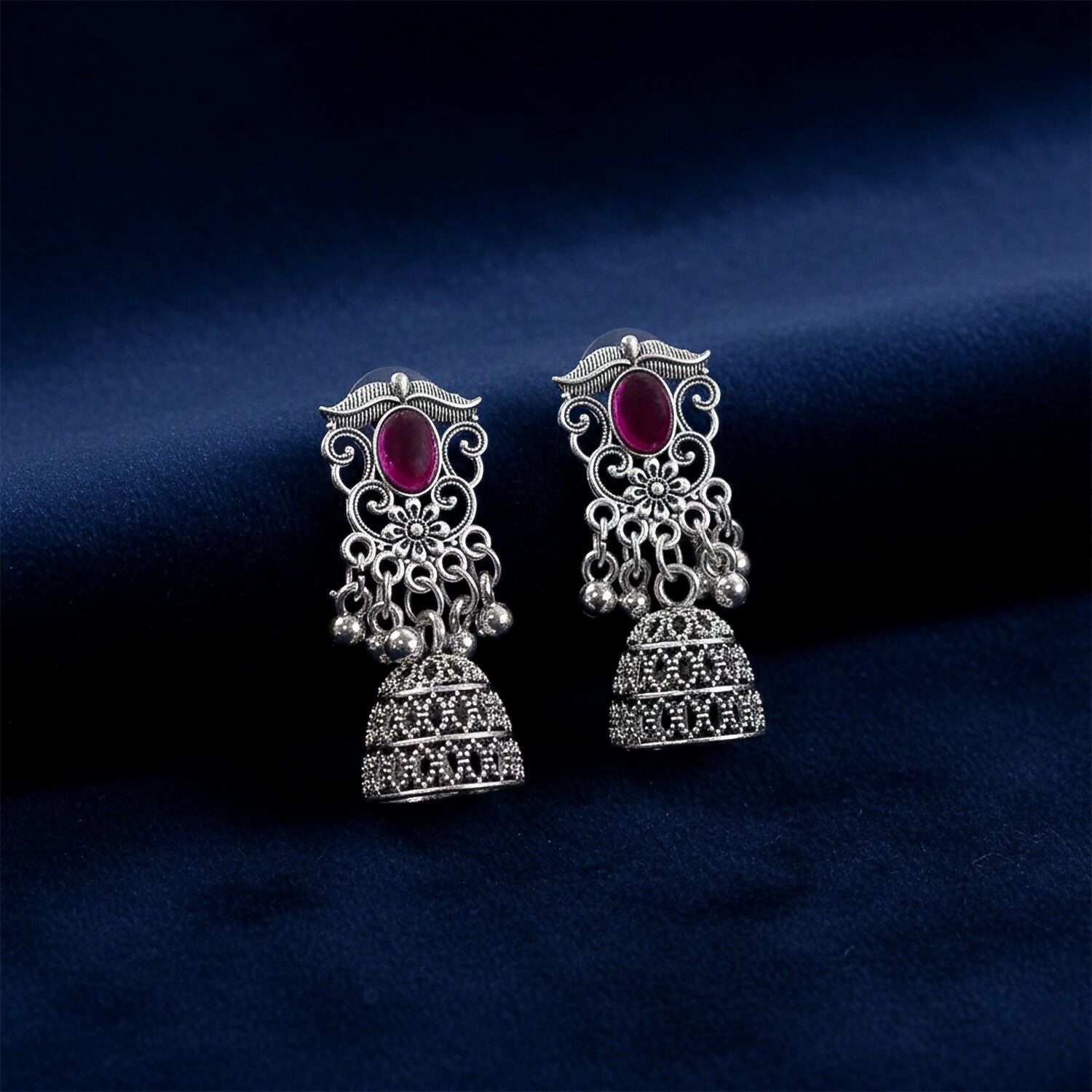 Traditional Silver Jhumka Earrings with Pink Stone & Intricate Filigree Design