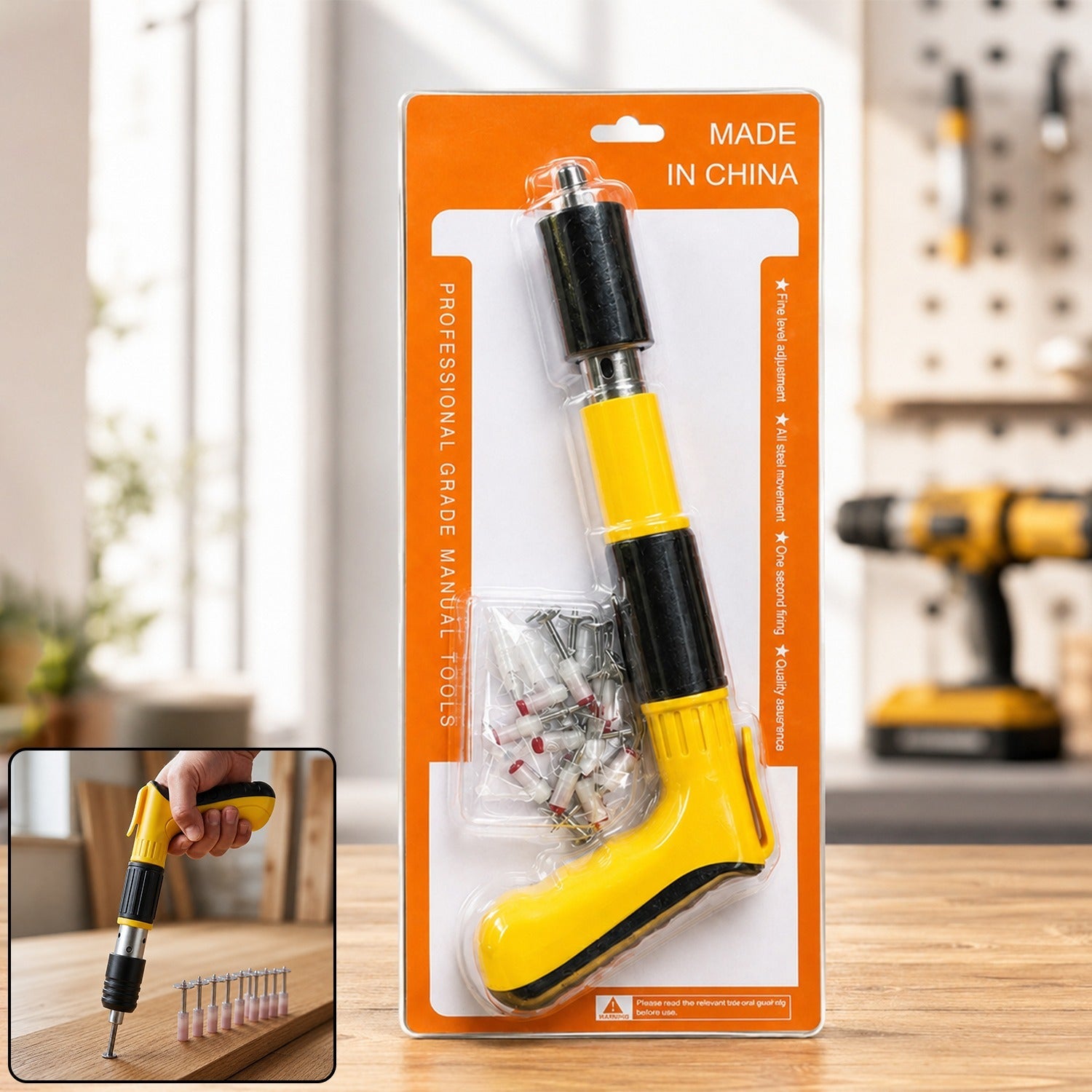 Yellow and black manual nail gun in blister packaging with a small bag of fasteners, against a blurred workshop background.