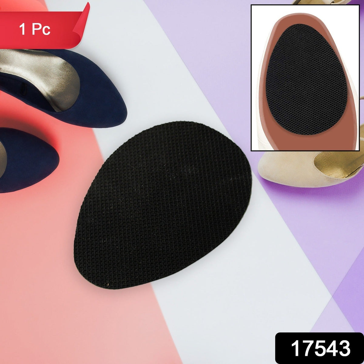 A single black non-slip shoe pad is centered on a pink, white, and purple background, with a shoe inset.
