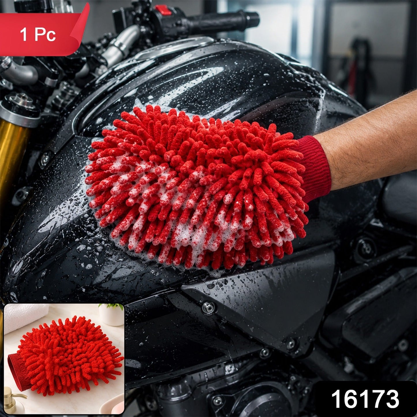 A red microfiber chenille wash glove with suds on a black motorcycle tank, with a smaller inset image of the glove. (1 Pc)