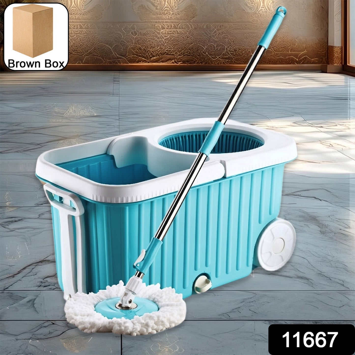 Close-up of stainless steel spinner extracting water from mop head on spin mop