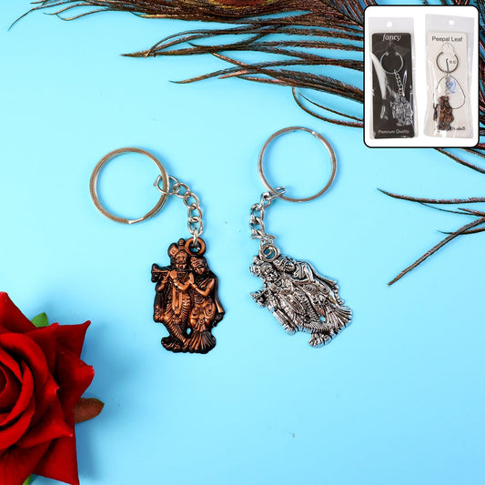 Radha Krishna metal keychain set featuring antique finish, ideal for keys or gifting
