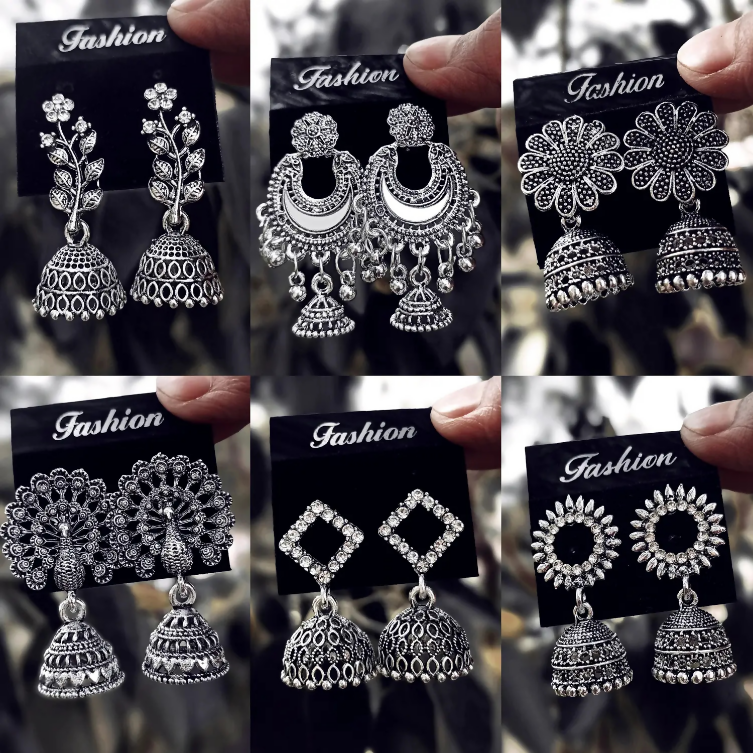  Traditional Oxidised Silver Jhumka Earrings Set - main product shot