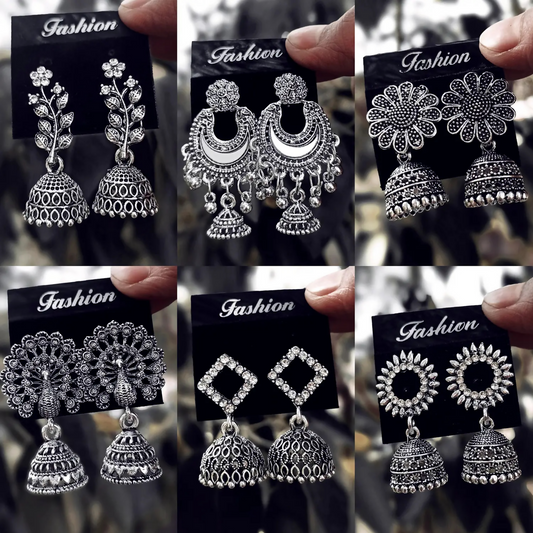  Traditional Oxidised Silver Jhumka Earrings Set - main product shot