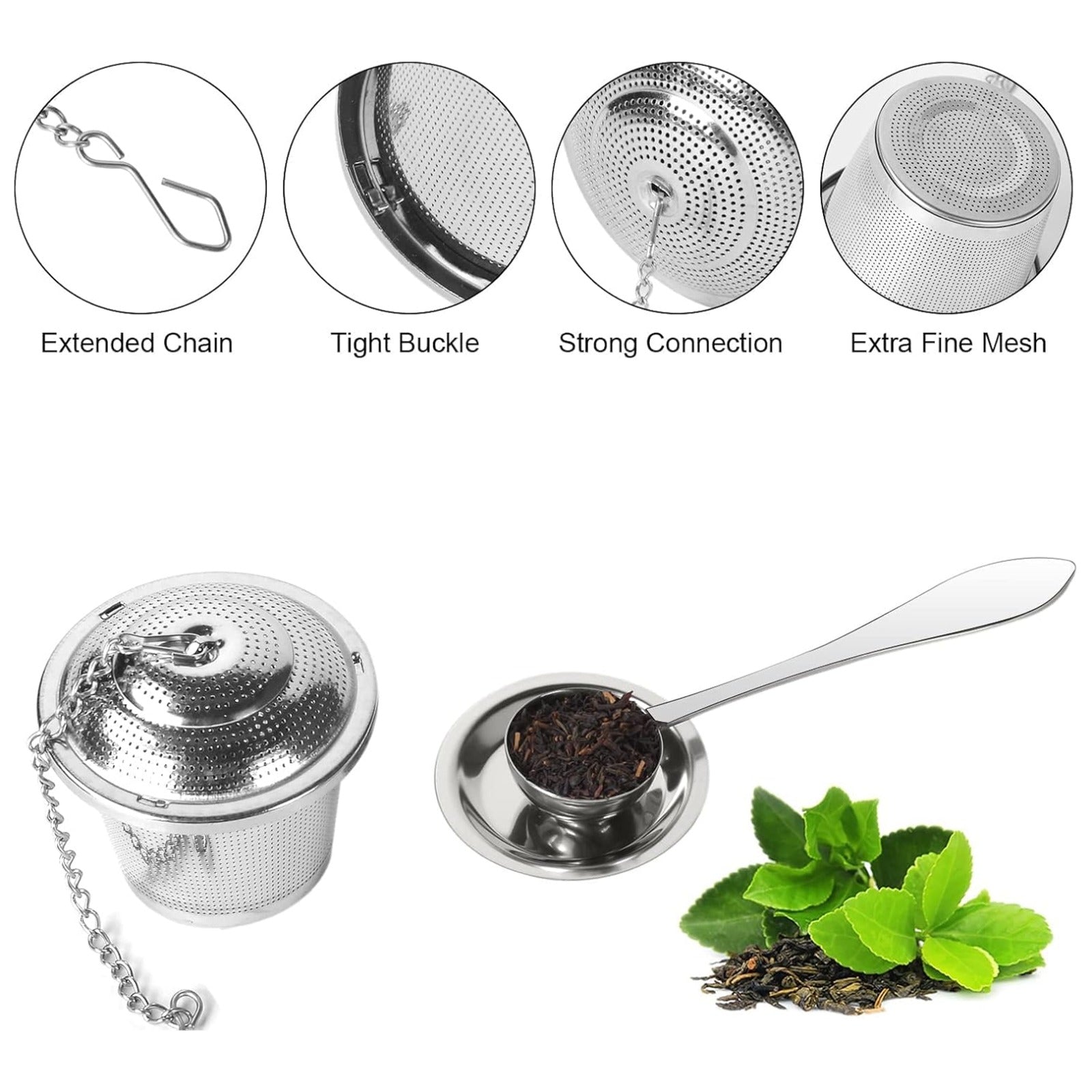 A stainless steel tea infuser with a chain, a tea scoop with loose tea, and fresh green tea leaves on a white background.