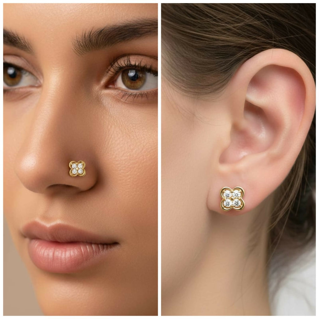 Gold plated Clover Flat-Back AD Nosepin Stud Piercing for women and girls