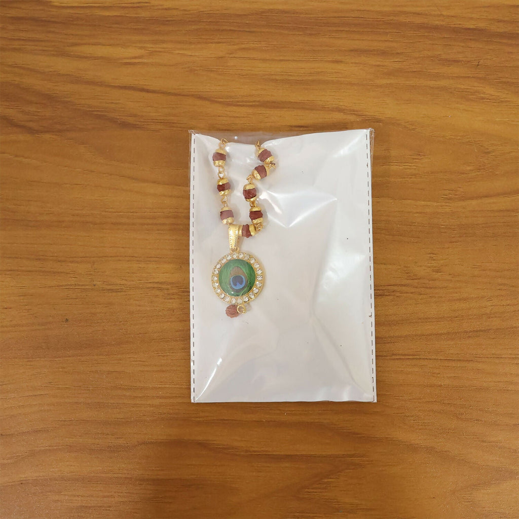 Morpich Feather Gold Plated Pendant & Rudraksha Mala