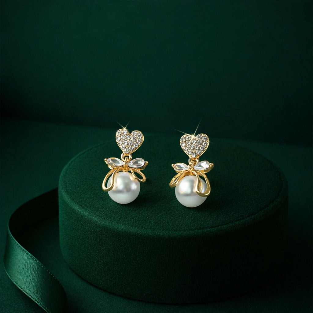 Romantic Heart Crystal & Pearl Bow Earrings – 14K Gold Plated Drop Earrings for Women