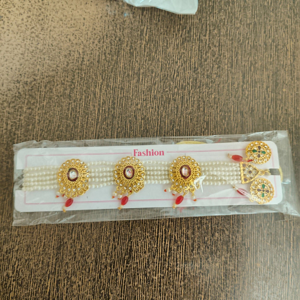Traditional Gold-Plated Kundan Pearl Choker Necklace Set with Emerald red Drops and Matching Earrings
