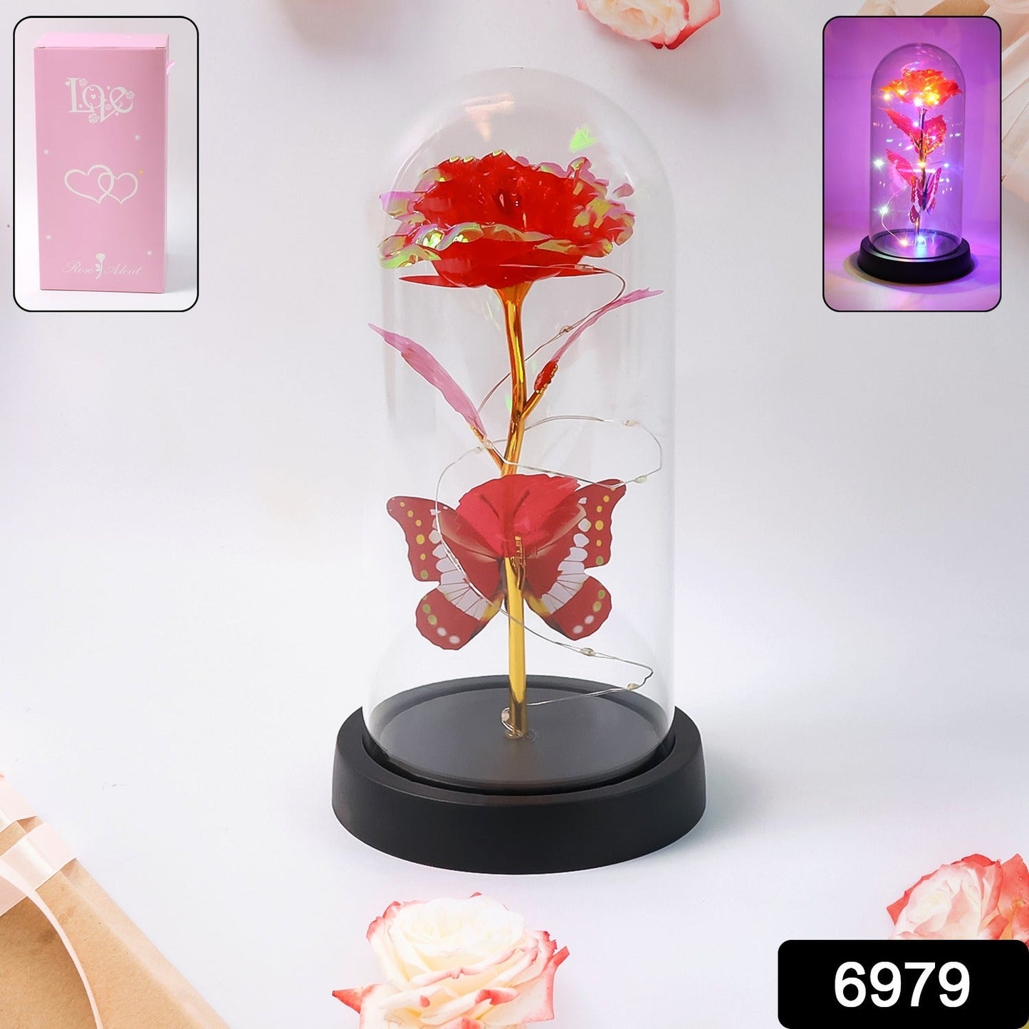 Romantic LED eternal rose inside plastic dome with glowing fairy lights