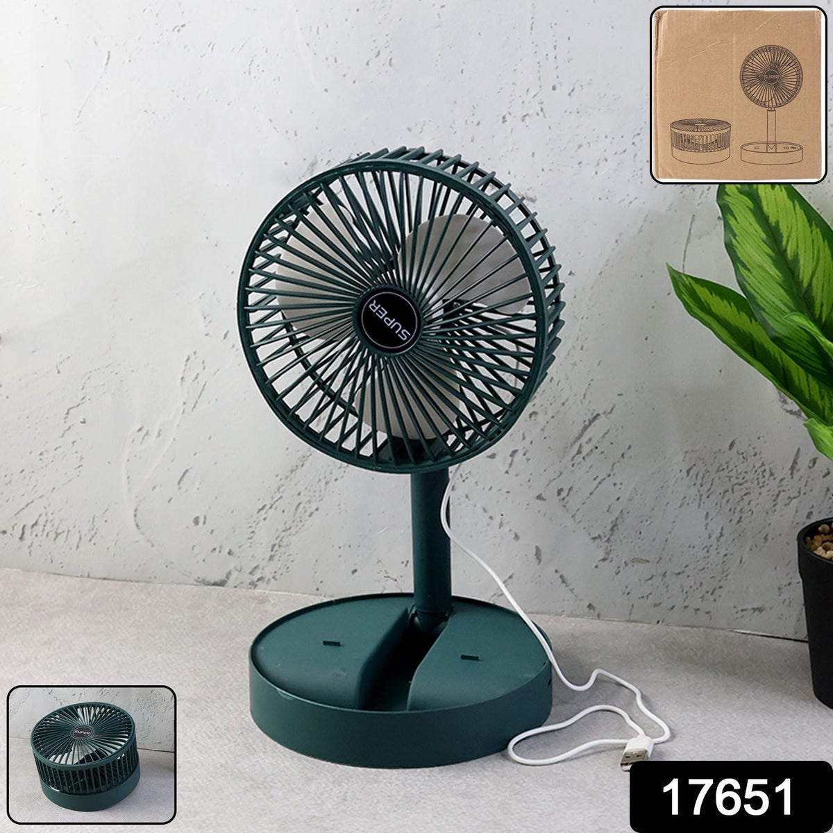 A dark green telescopic foldable mini USB desk fan with a white USB cable on a grey surface, with packaging details.