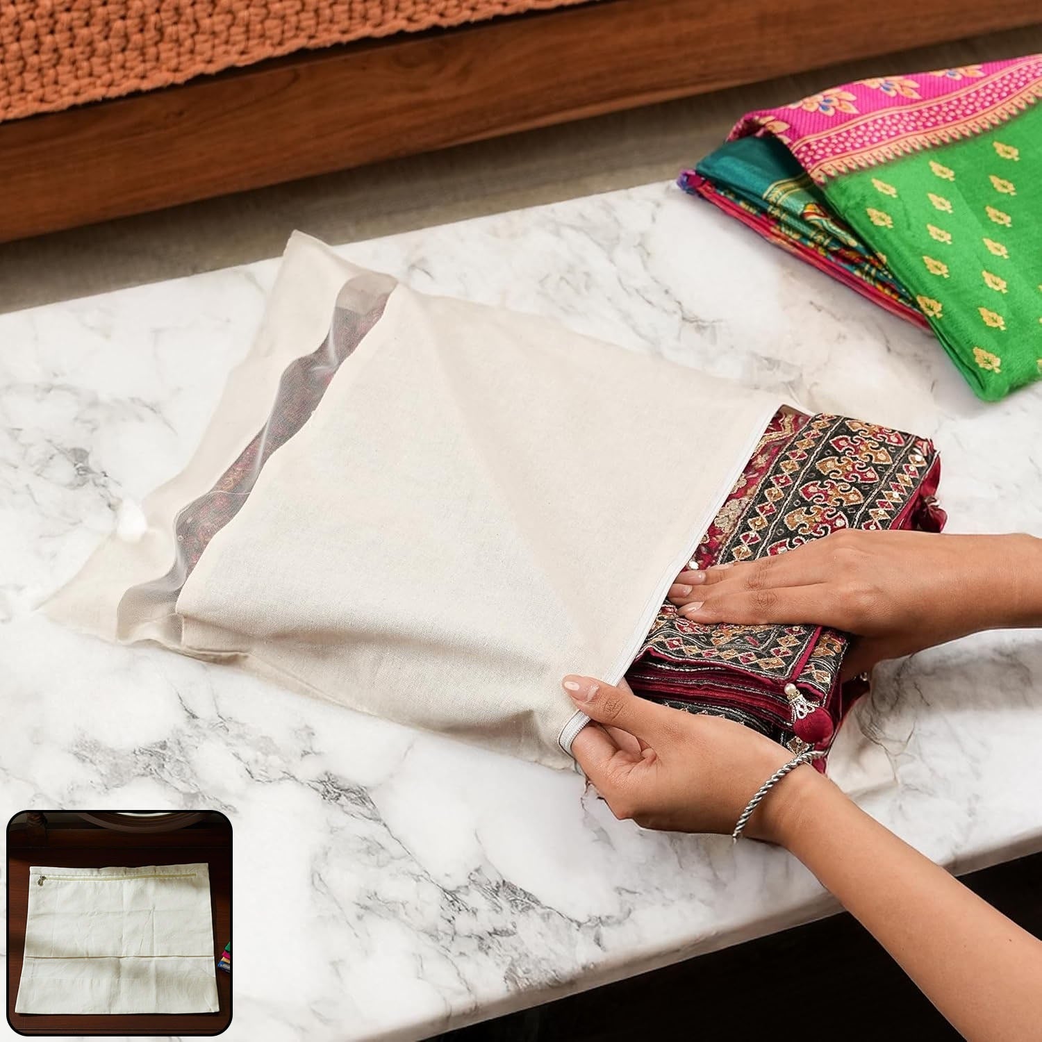 Zip closure saree storage bag in folded state