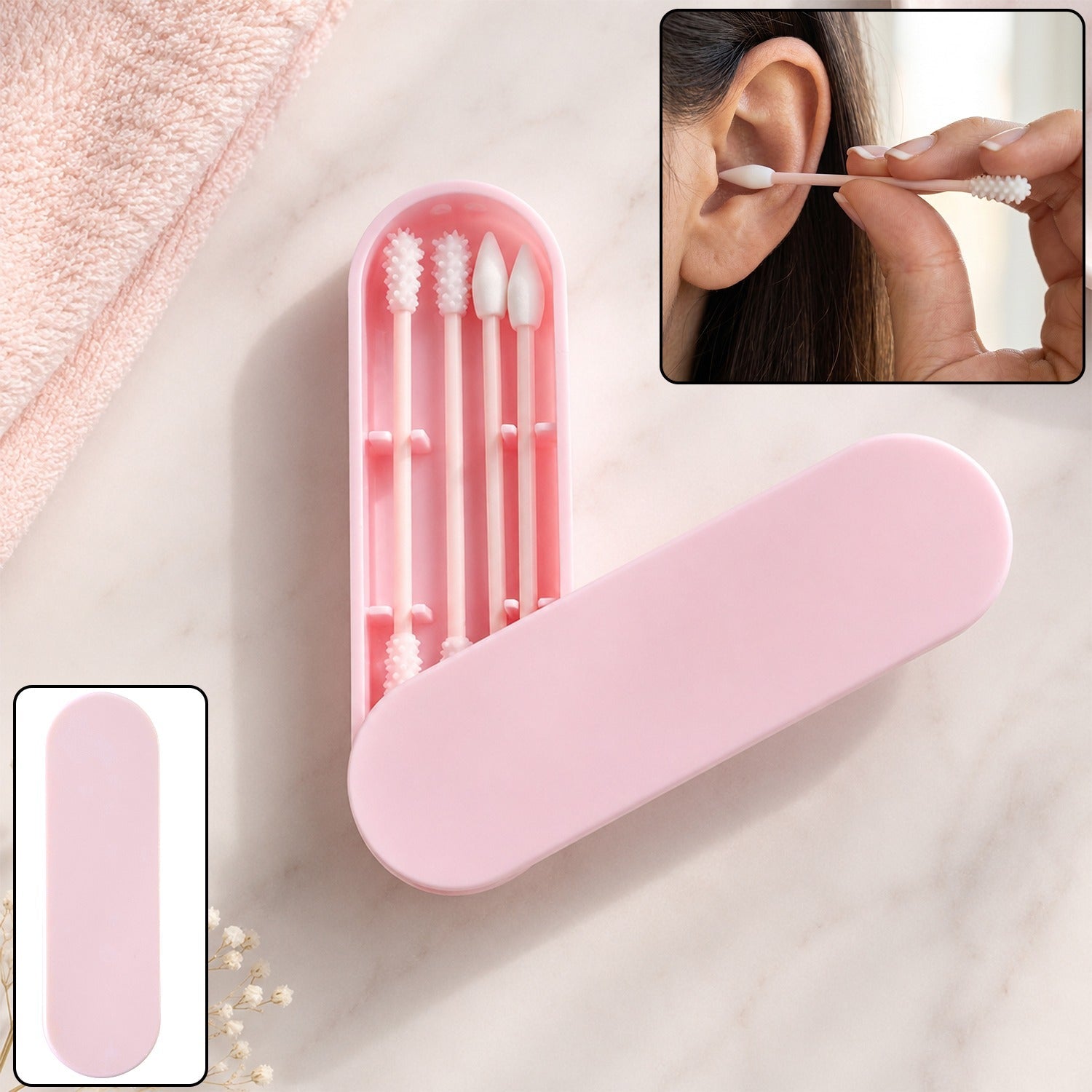 Pink reusable silicone ear swab set with four different tips in an open case, with a woman cleaning her ear in an inset.