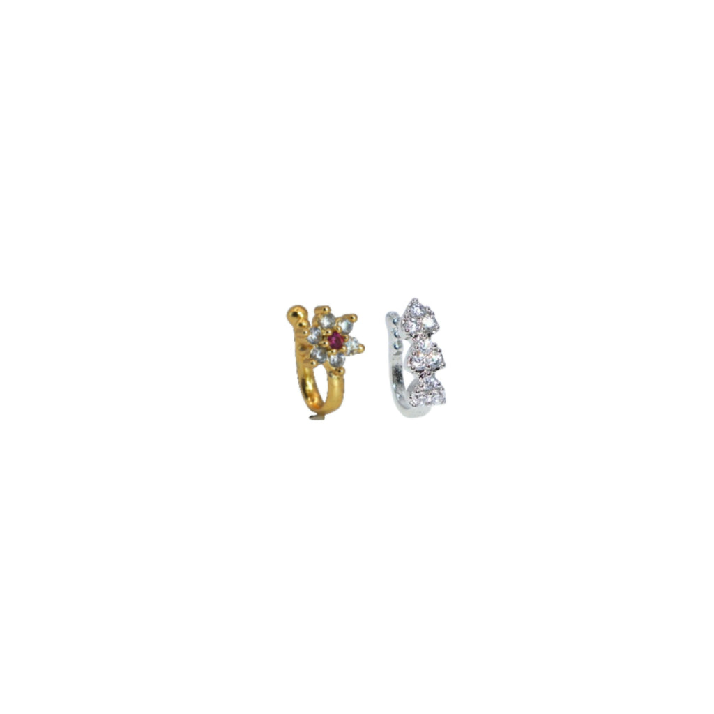 Silver Plated Floral & Heart Press-On Nose Ring Set for women and girls