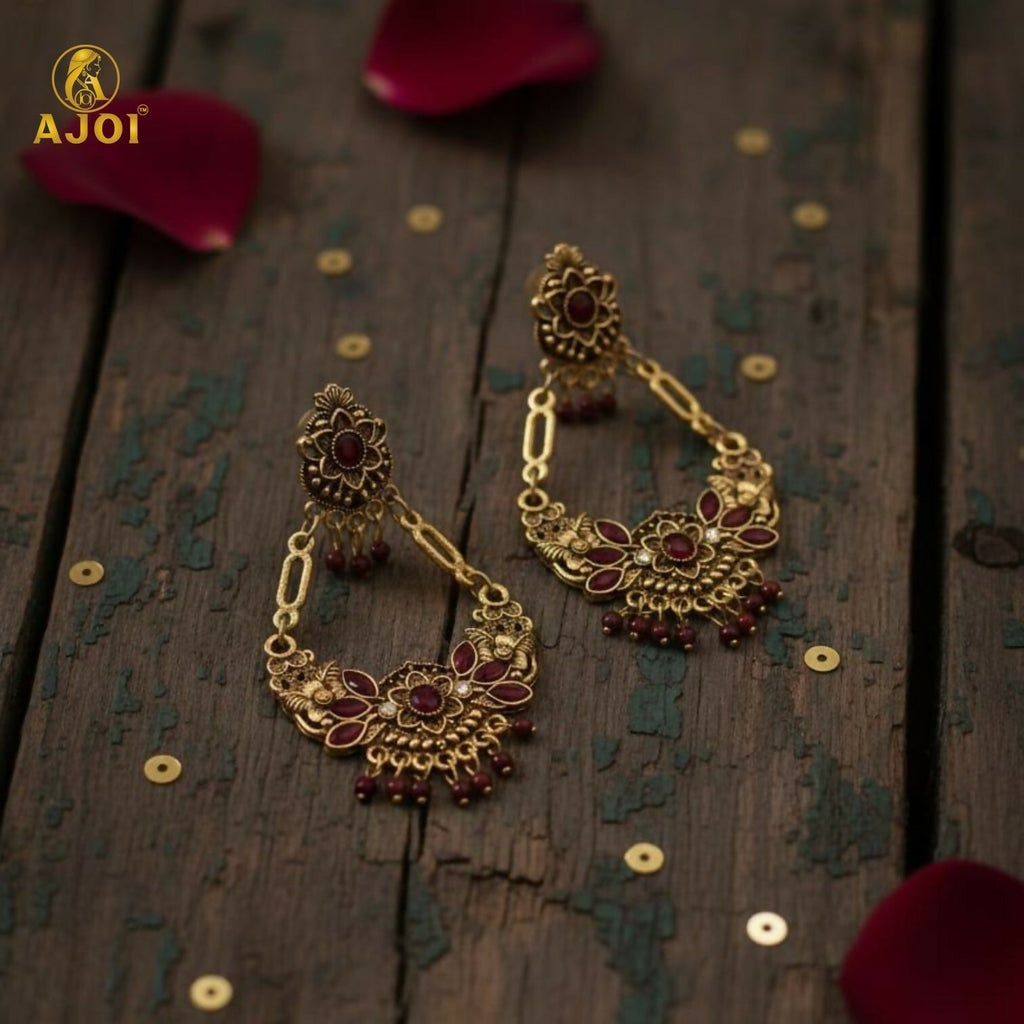 Vintage Maroon Floral Chandbali Earrings