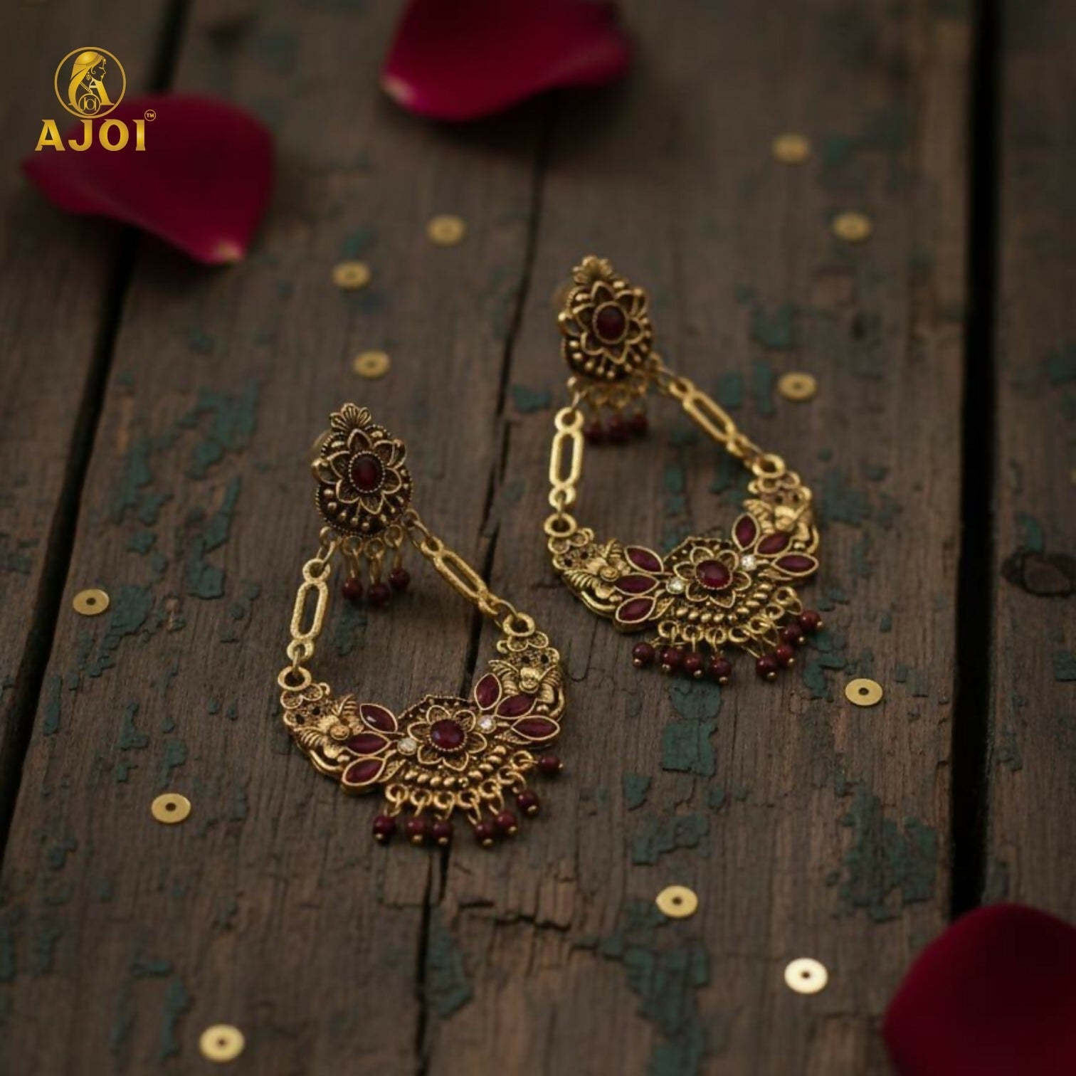 Vintage Maroon Floral Chandbali Earrings