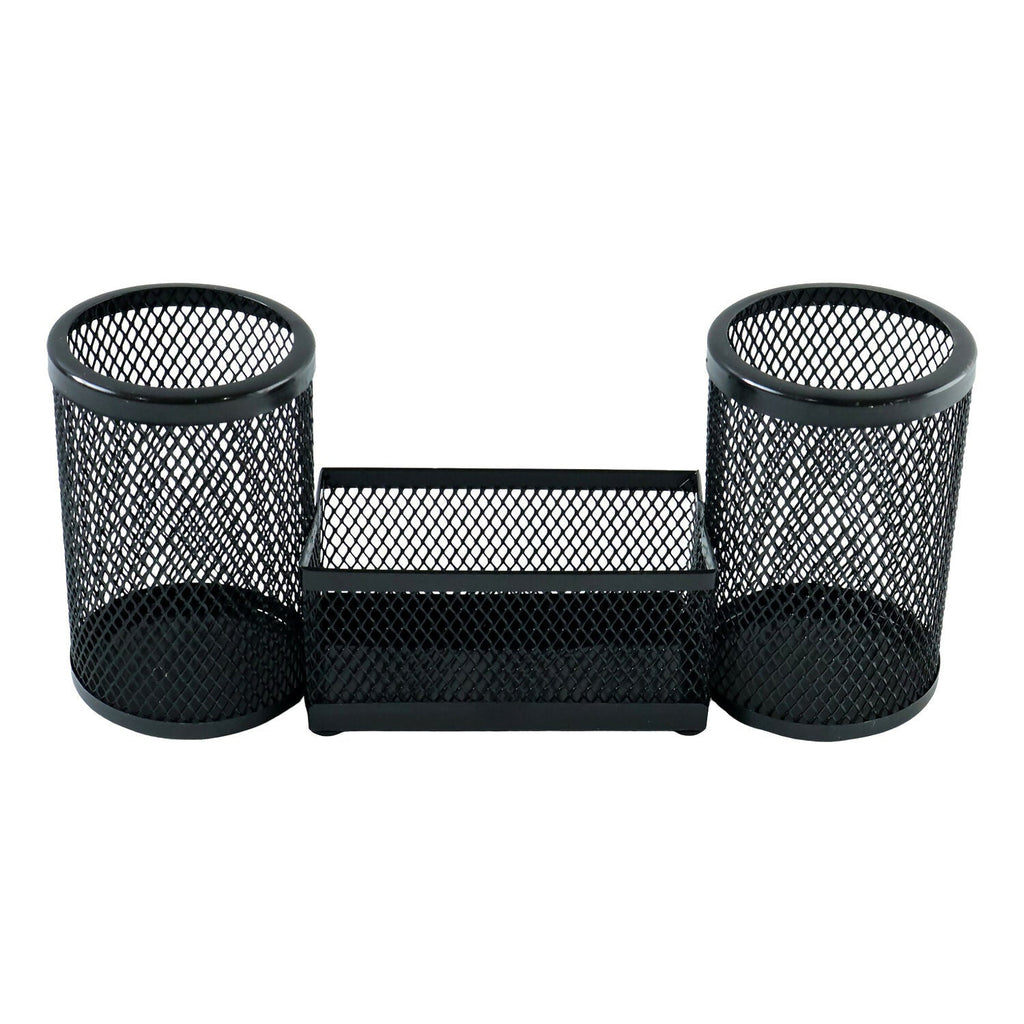 Dual Desk Mesh Pen Stand with Two Pencil Holders and Central Storage Tray for Office