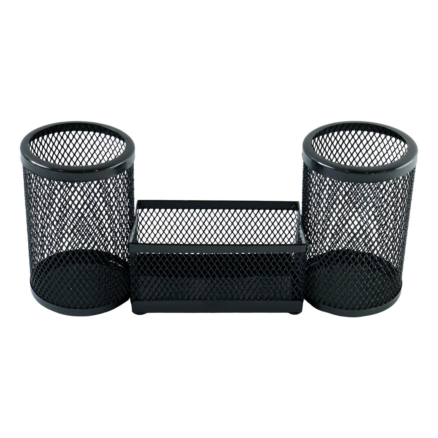 Dual Desk Mesh Pen Stand with Two Pencil Holders and Central Storage Tray for Office