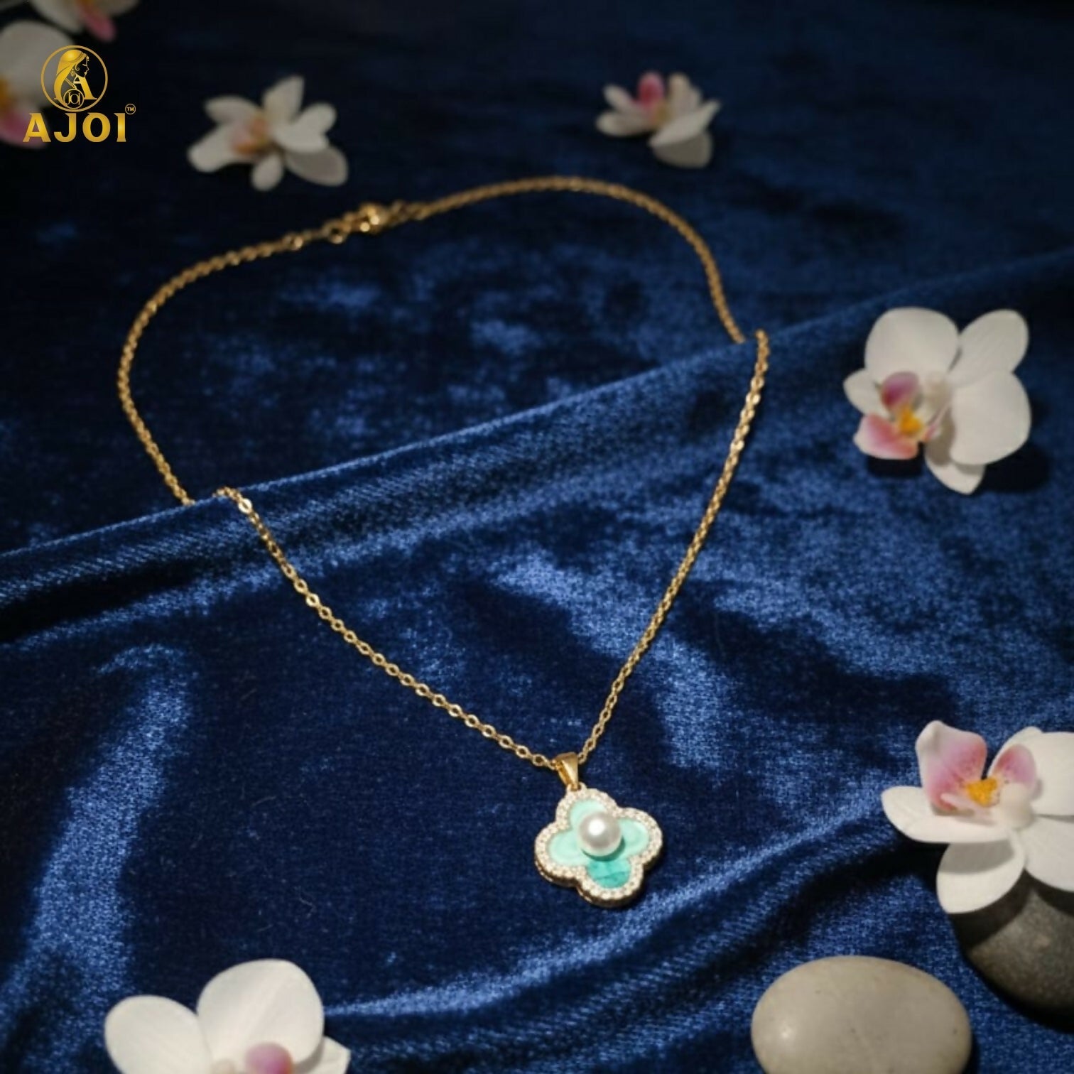 Elegant Gold Plated Floral Pendant Necklace with Pearl & Mint Enamel for Women