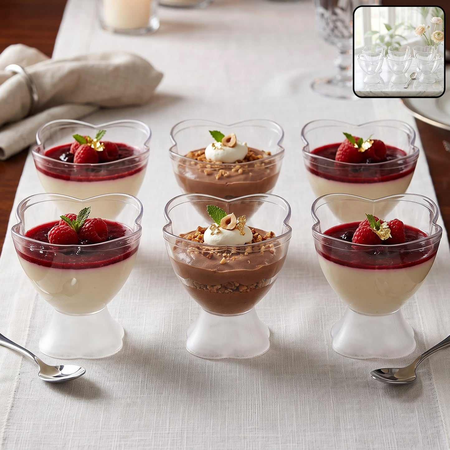 Six clear plastic dessert bowls with heart-shaped rims, filled with various desserts, on a white table runner.