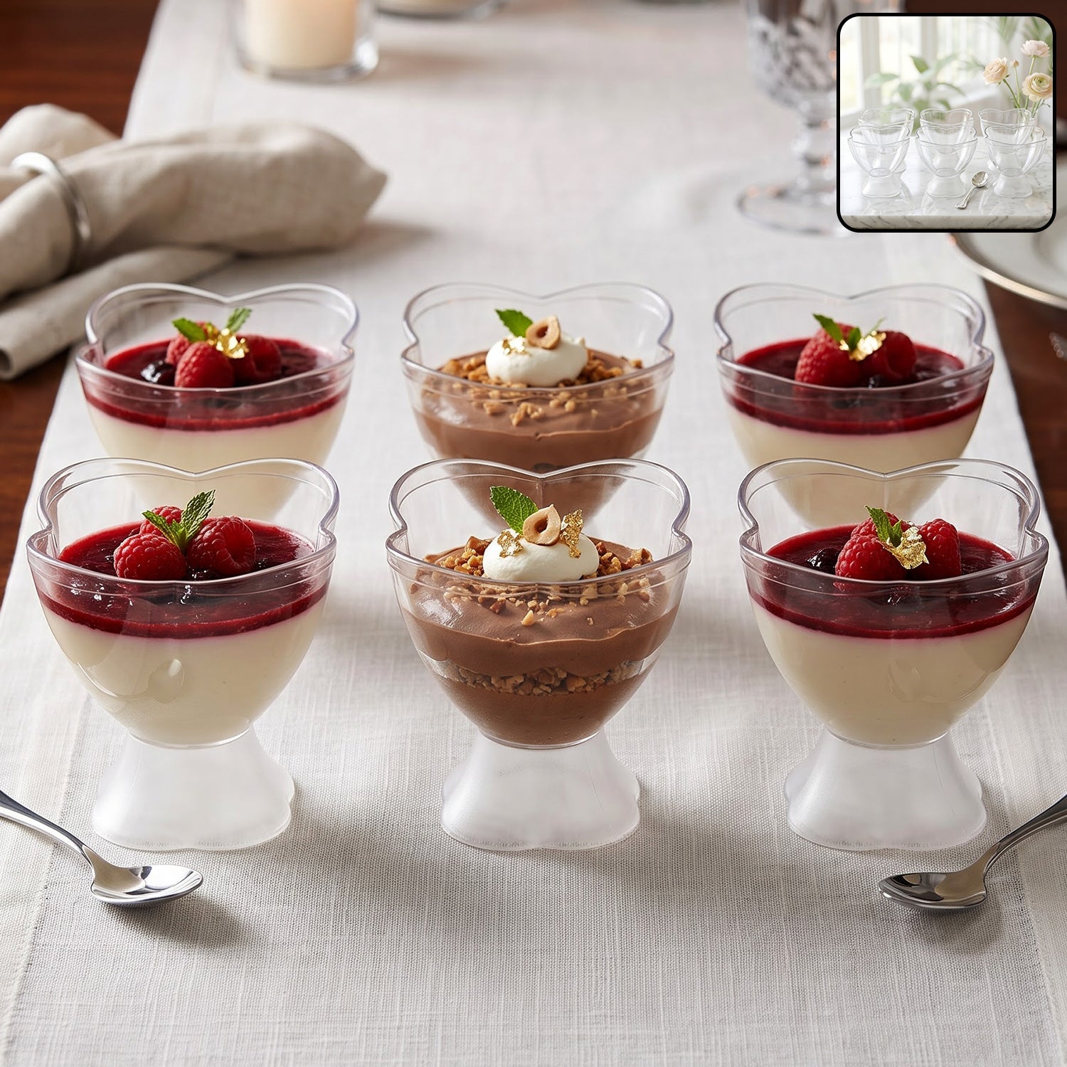 Six clear plastic dessert bowls with heart-shaped rims, filled with various desserts, on a white table runner.