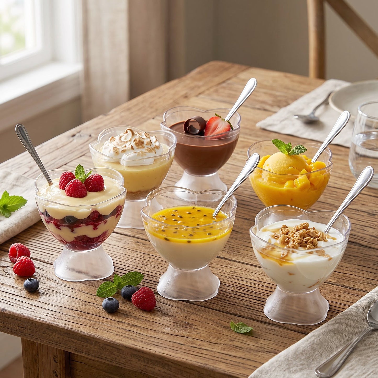 Six clear plastic dessert bowls with heart-shaped rims, filled with diverse desserts, on a rustic wooden table.