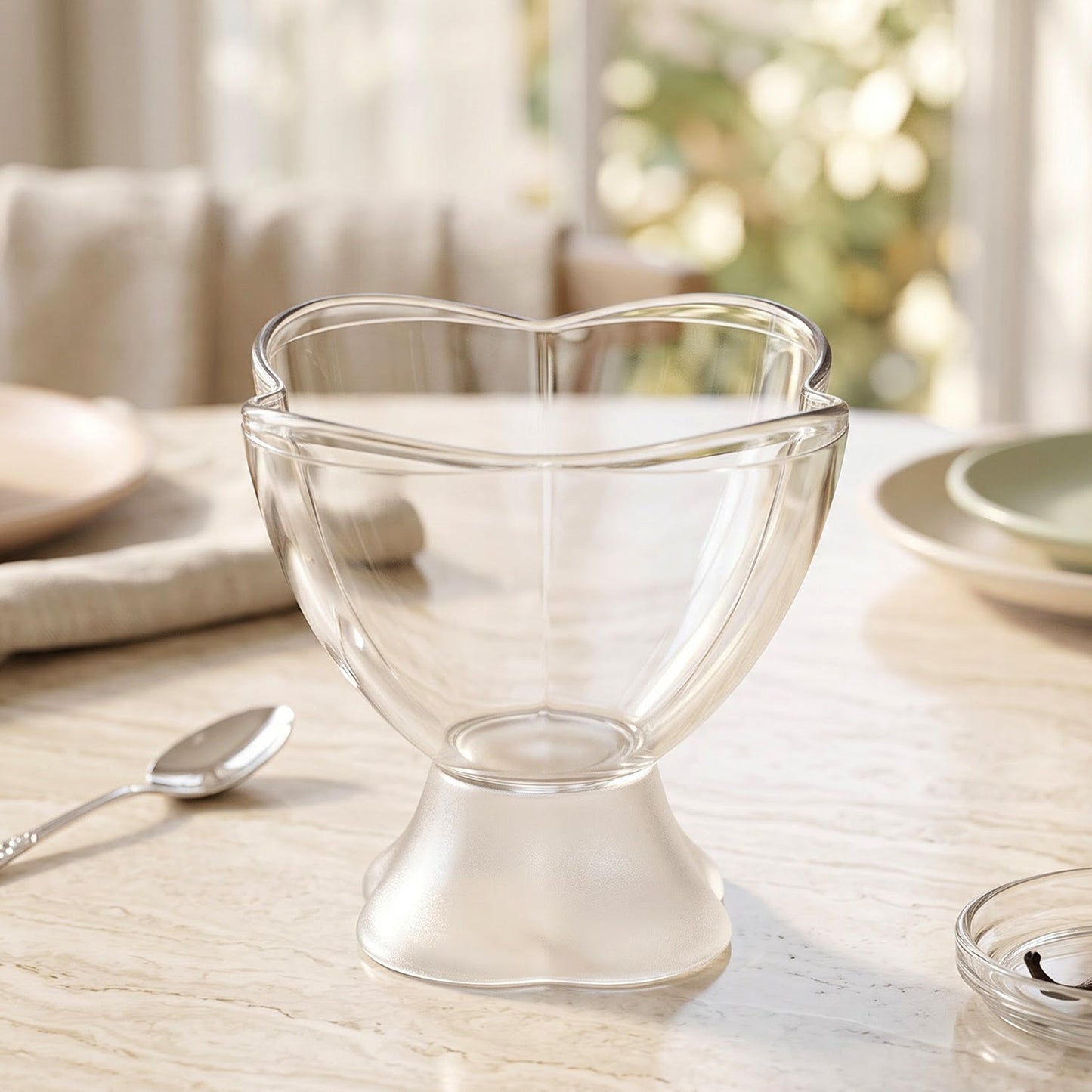 A single clear plastic dessert bowl with a heart-shaped rim and frosted base, on a light-colored marble table.