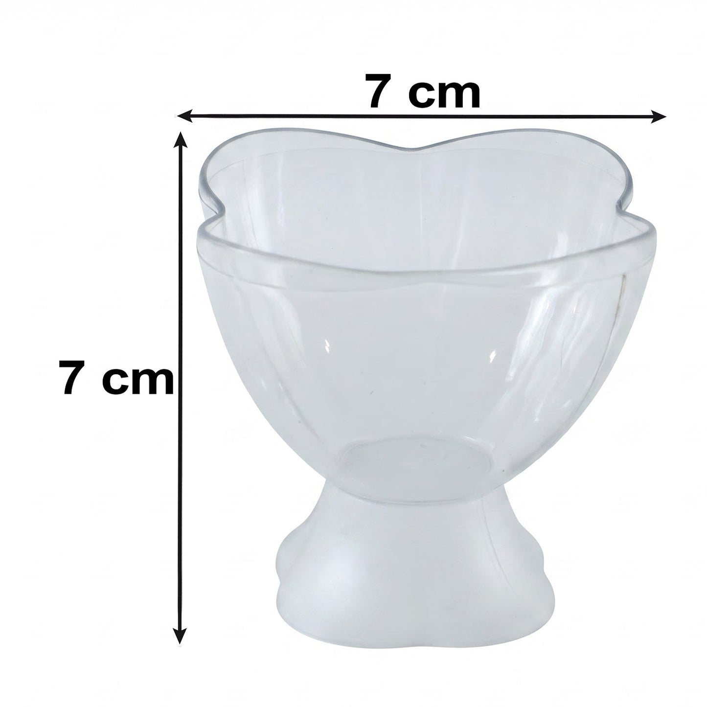 A single clear plastic dessert bowl with a heart-shaped rim and frosted base, with '7 cm' width and height dimensions.