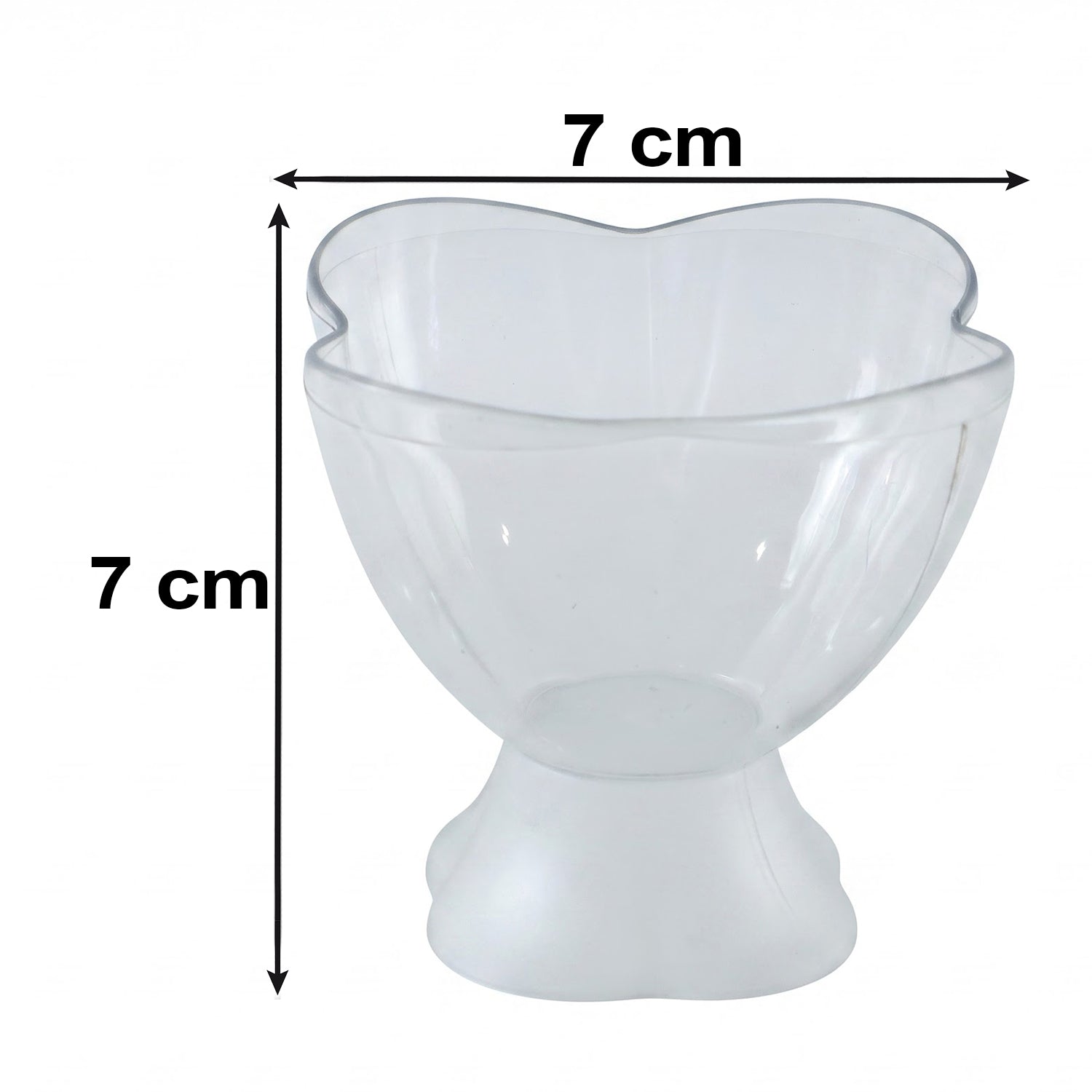 A single clear plastic dessert bowl with a heart-shaped rim and frosted base, with '7 cm' width and height dimensions.