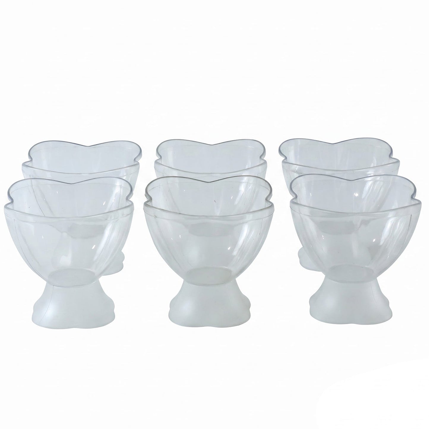 Six clear plastic dessert bowls with heart-shaped rims and frosted bases, arranged in two rows on a white background.