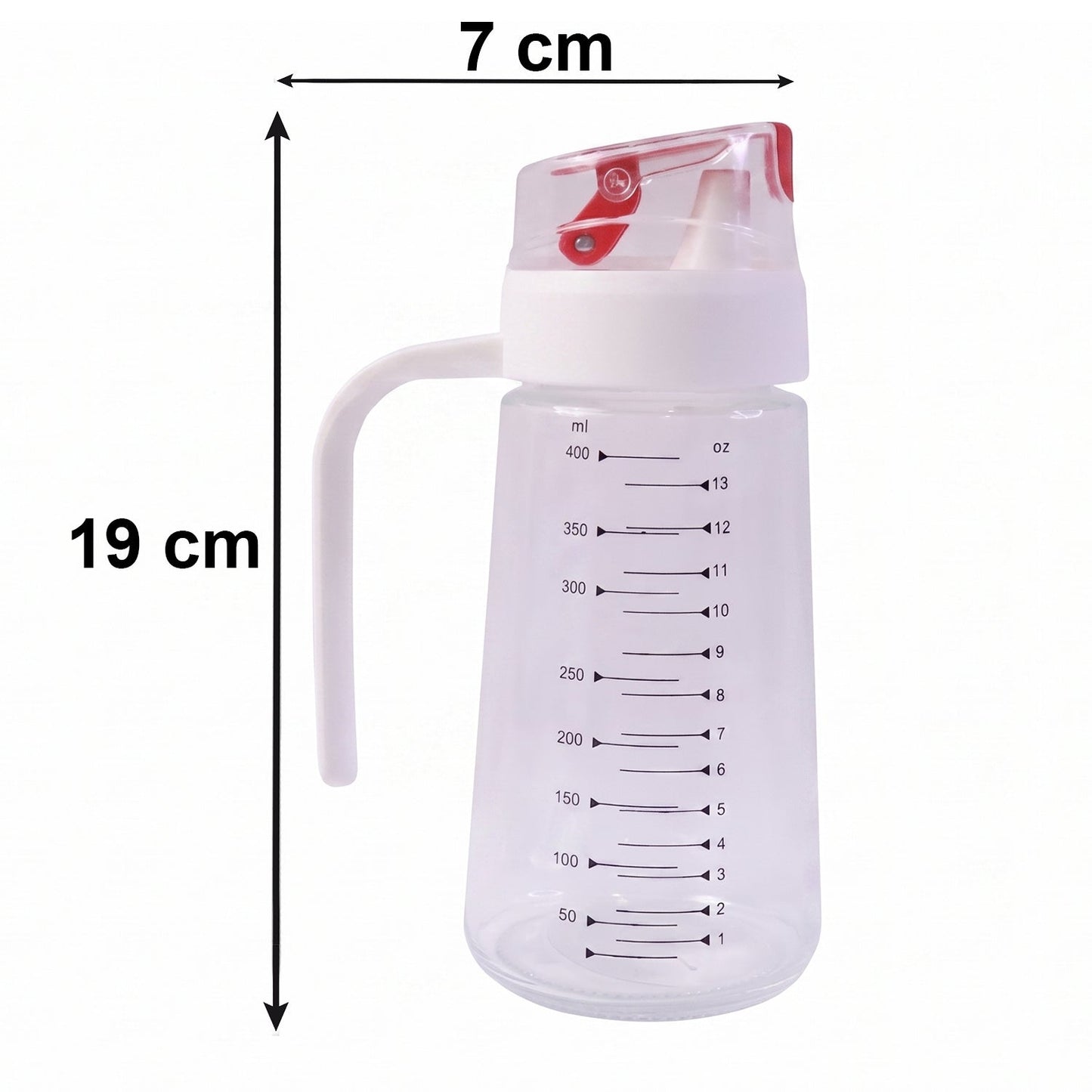 Dimensions of 500ml glass oil dispenser with auto-flip lid and side handle