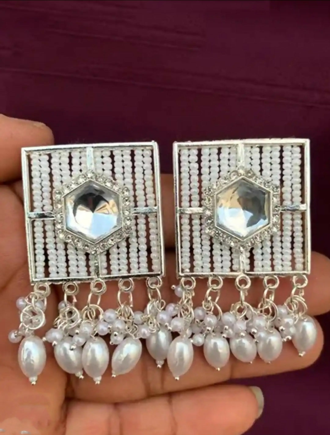 Traditional Silver-Toned Kundan & Pearl Encrusted Chandbali Jhumka Earrings