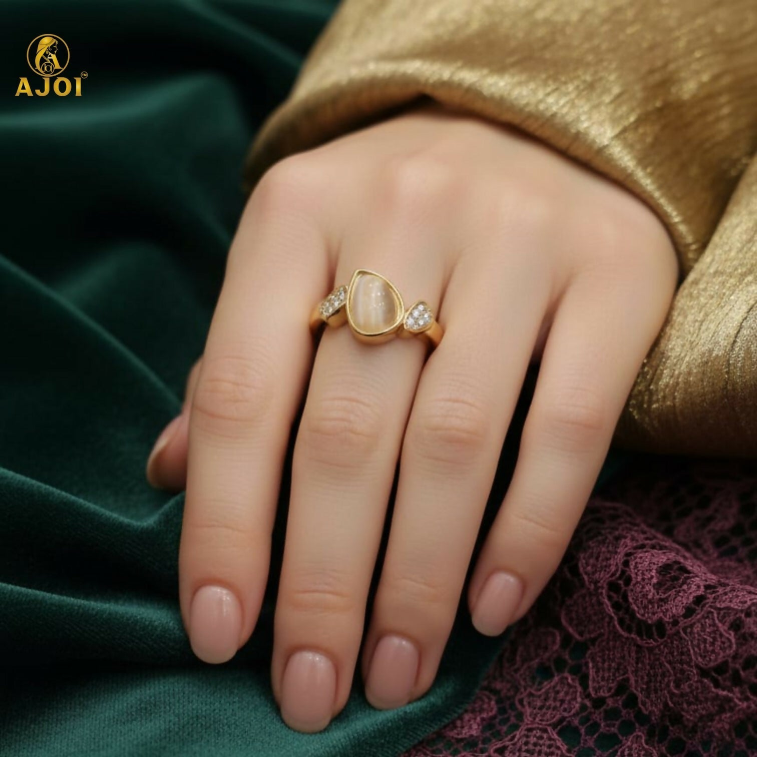 Premium Gold Plated Cat Eye Stone Designer Ring for Women