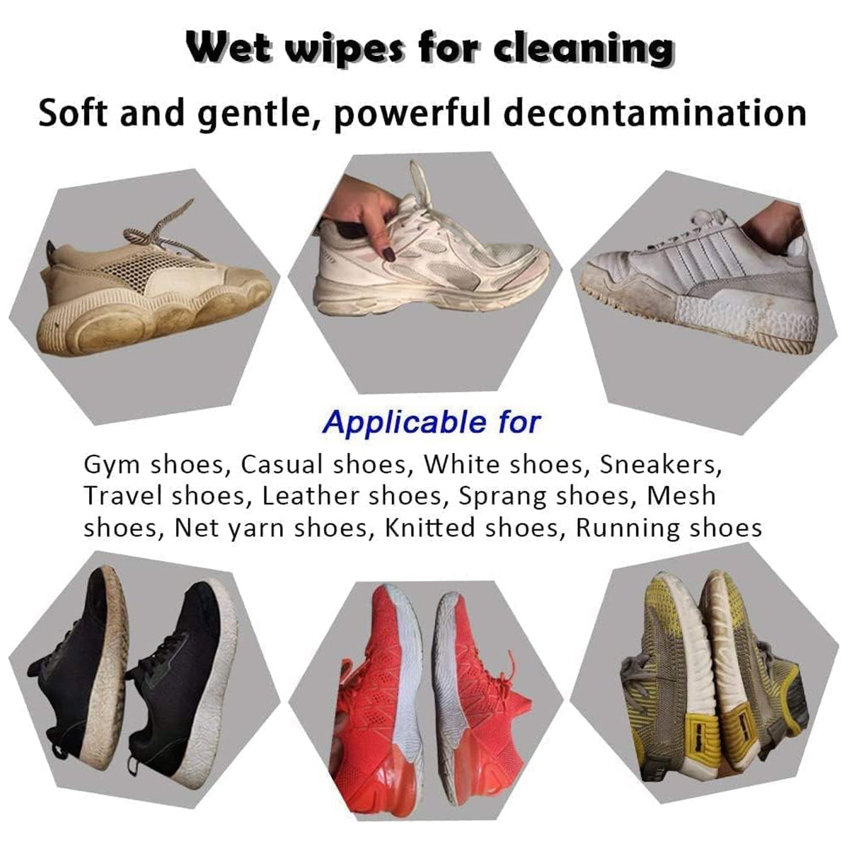 Six hexagonal images display various dirty and clean shoes, with text detailing product applications.