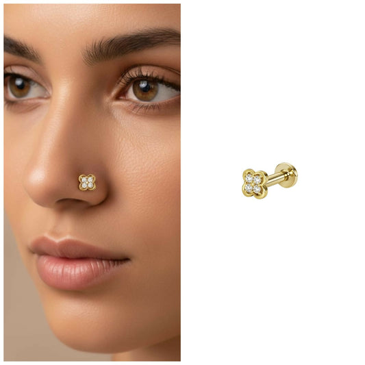Gold plated Clover Flat-Back AD Nosepin Stud Piercing for women and girls