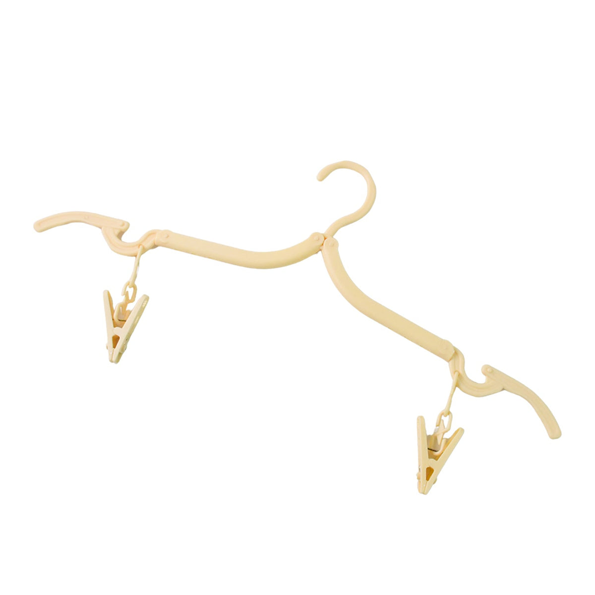 A beige foldable clothes hanger with two clips is displayed against a plain white background.