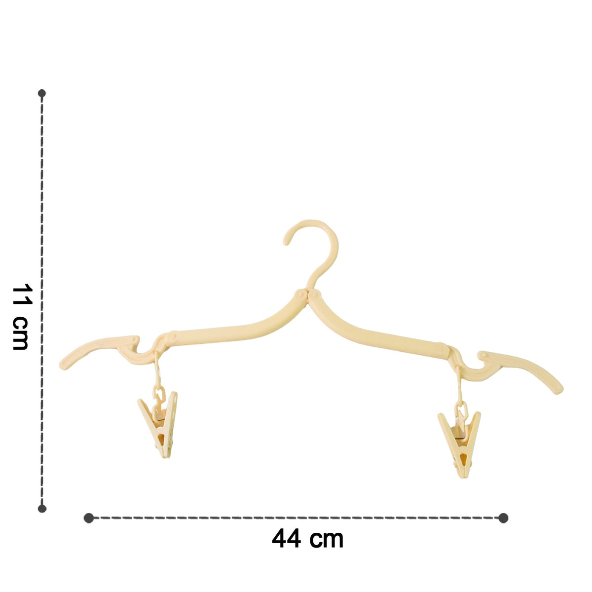 A beige foldable clothes hanger with two clips is shown with dimensions of 11 cm height and 44 cm width.
