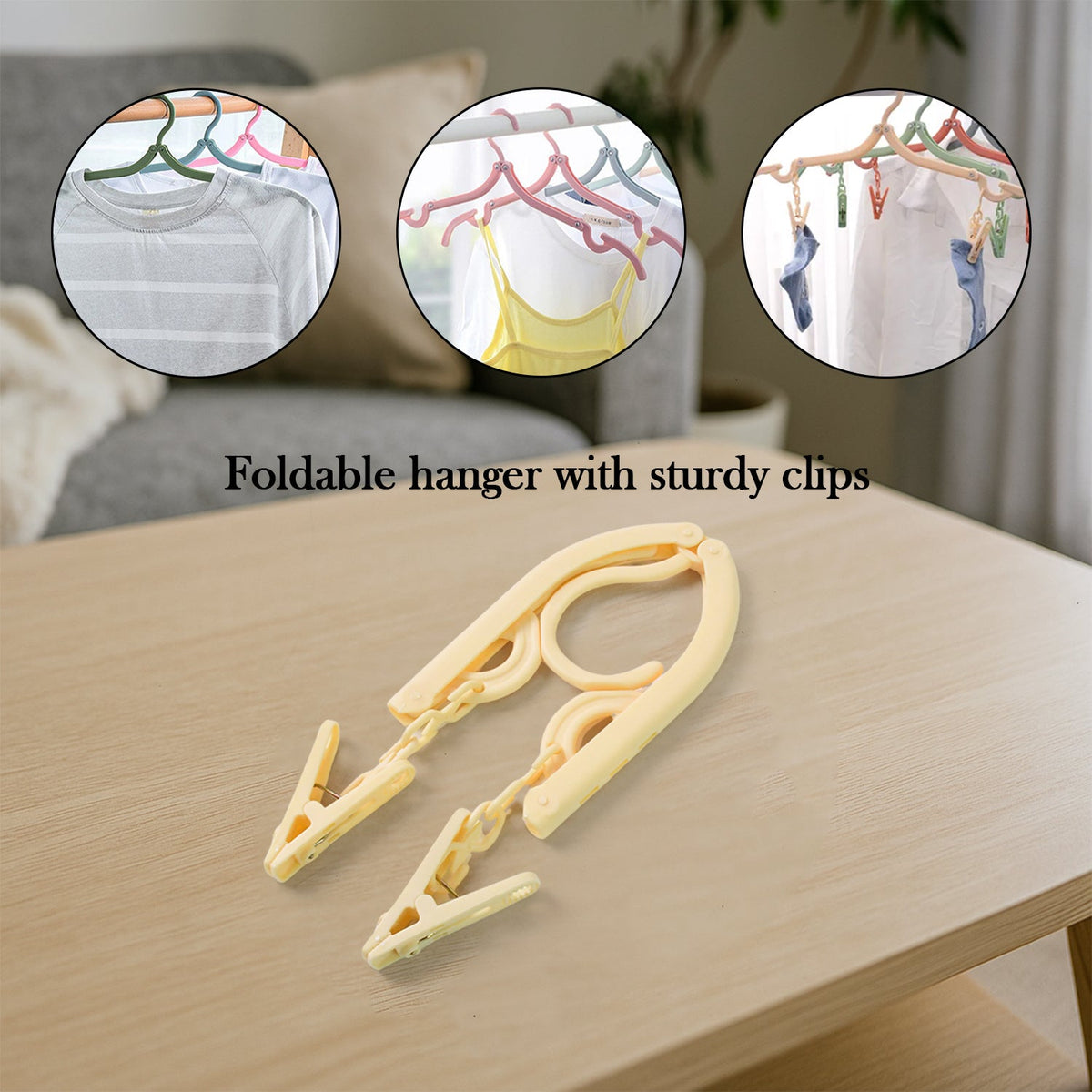 A beige foldable hanger with clips lies folded on a wooden table, with three circular insets showing usage examples.