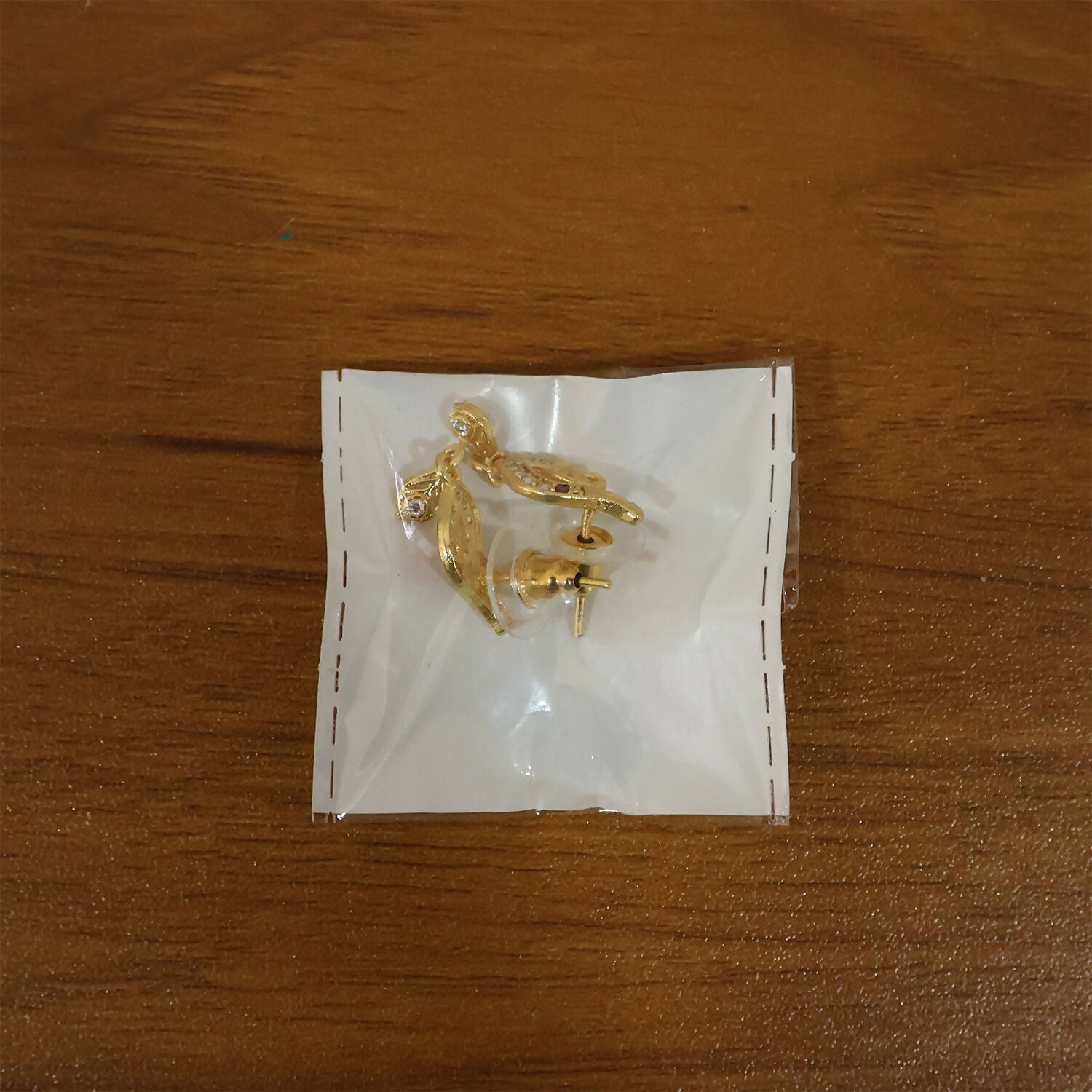 Gold Finish Leaf Design Drop Earrings with Stone Detailing (1 Pair)