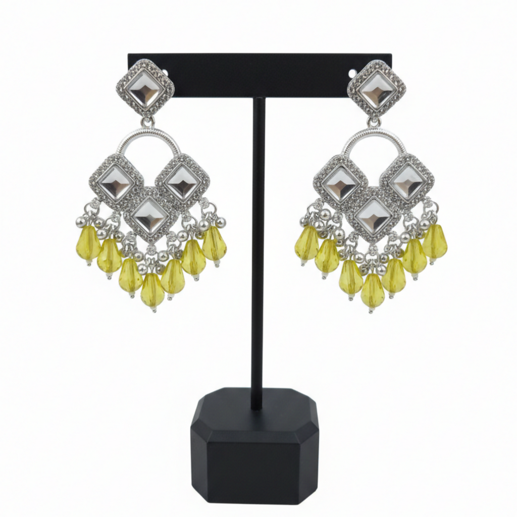 Elegant Silver Plated Chandelier Earrings Featuring Square Crystals and Yellow Teardrop Beads
