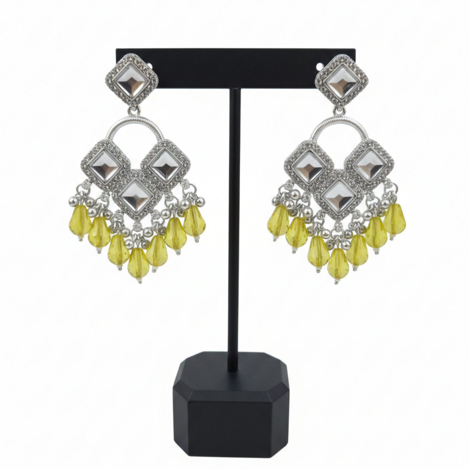 Elegant Silver Plated Chandelier Earrings Featuring Square Crystals and Yellow Teardrop Beads