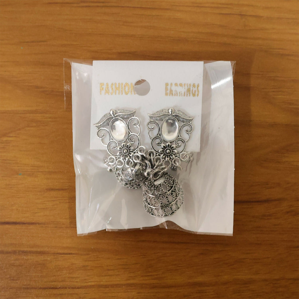 German Silver Jhumka Earrings with White Monalisa Stones