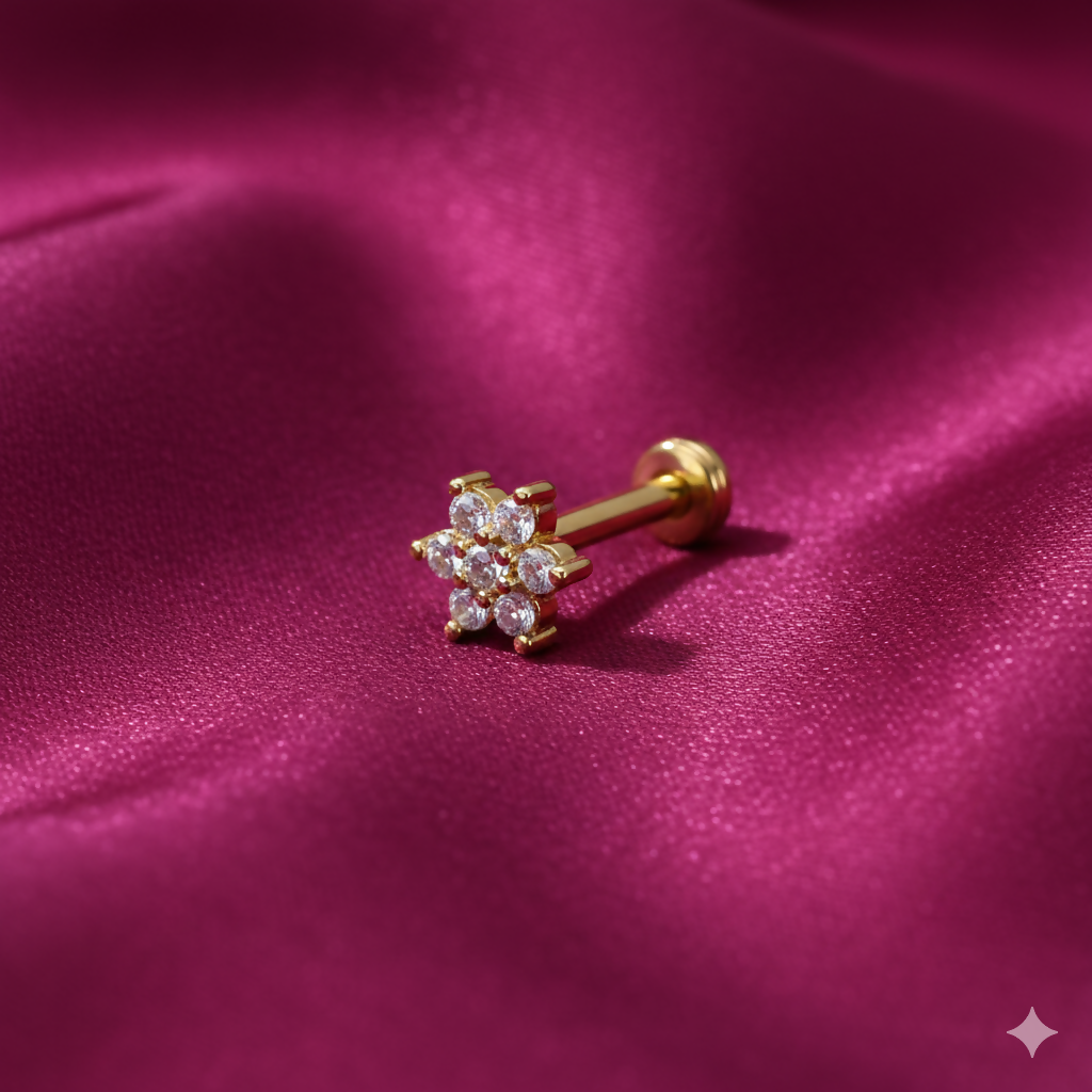 Gold Plated Crystal Flower Labret Flat Back AD Stud Earring Pack of 1 PCS